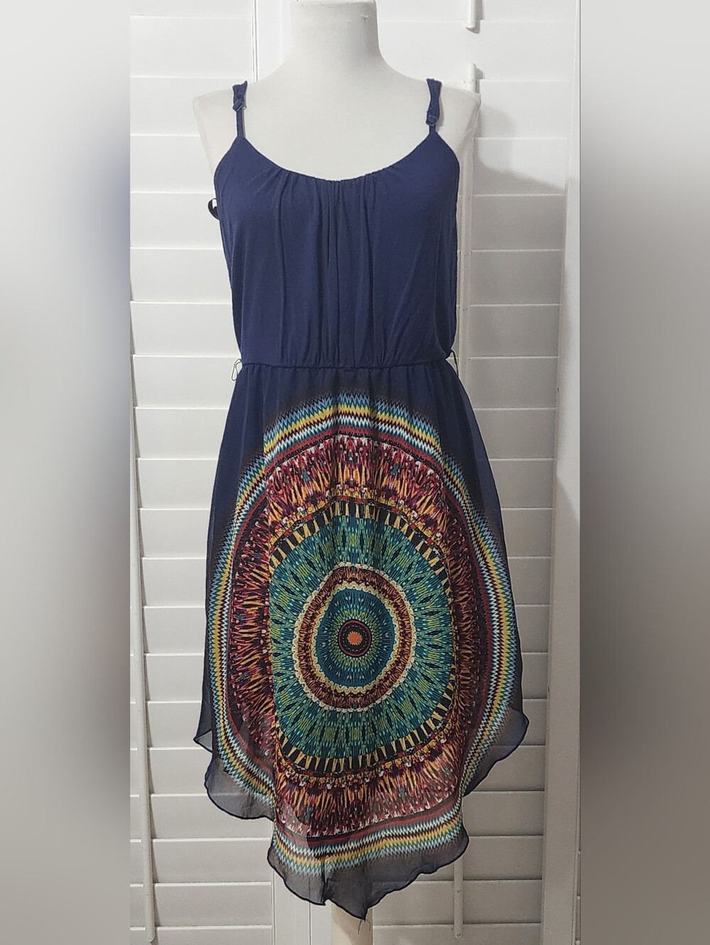 AUW Spaghetti Strap Dress, Womens Size Medium, Navy Blue W/ Circular Mandala